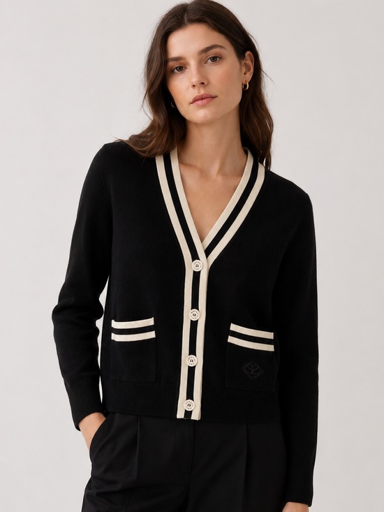 Sandro Sweaters - Sandro Paris Black & Cream Wool Cashmere Varsity Cardigan Size 1 Small